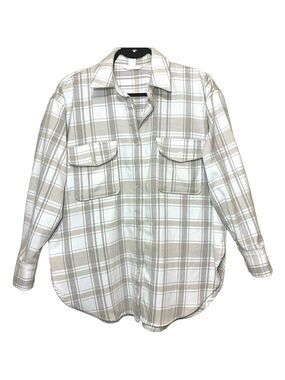 Flannel Button Up Shacket Tan White Plaid S Oversized Long Sleeve Shirt Jacket